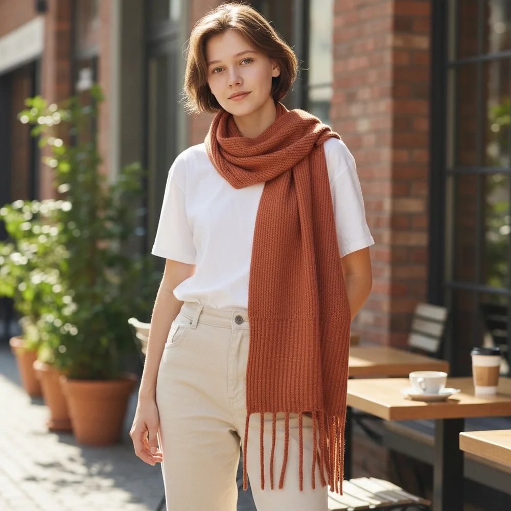 Free People Orange Ribbed Fringe‎ Blanket Scarf Oversized Boho Winter Autumnal